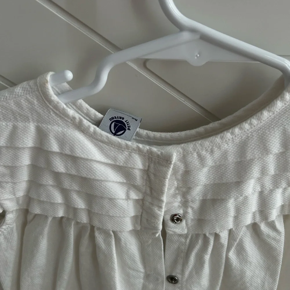 Petite Bateau Baby Girls White Poplin Cotton Textured Ruffle Dress- 2T